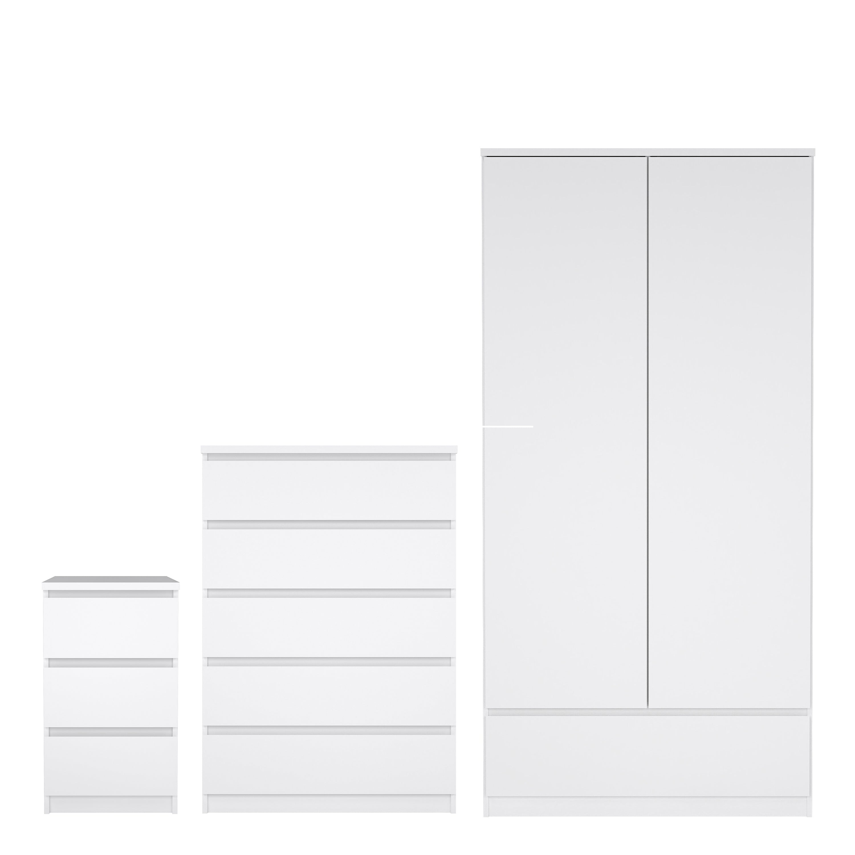 Naia Package - Bedside 3 Drawers + Chest of 5 Drawers + Wardrobe with 2 Doors + 1 Drawer in White High Gloss