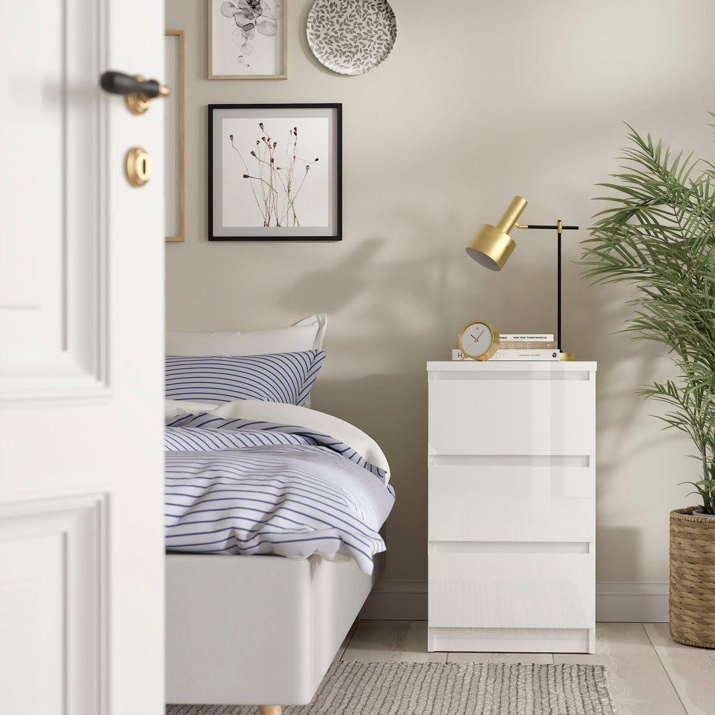 Naia Package - Bedside 3 Drawers + Chest of 5 Drawers + Wardrobe with 2 Doors + 1 Drawer in White High Gloss
