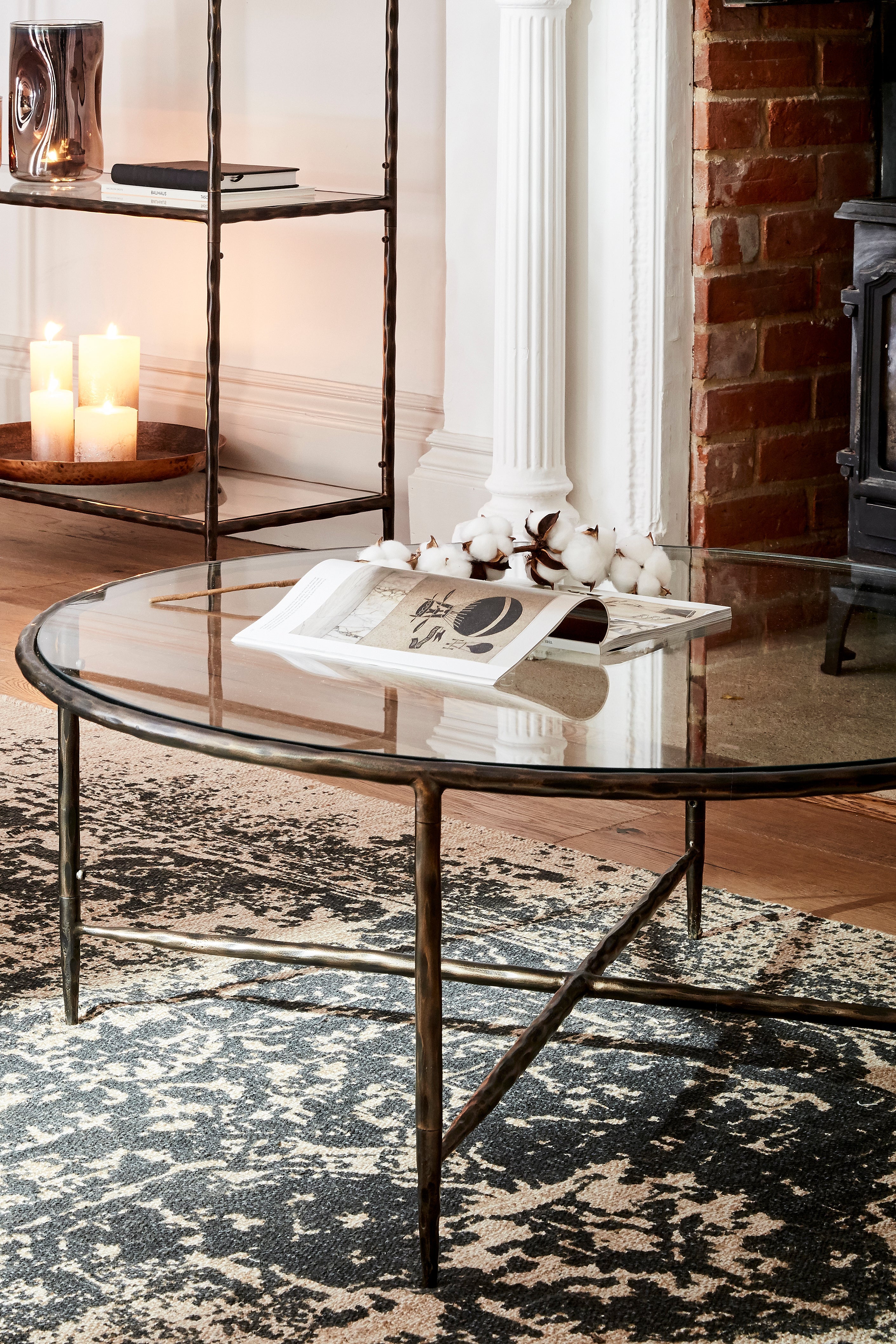 Patterdale Hand Forged Round Coffee Table Dark Bronze Finish with  Glass Top