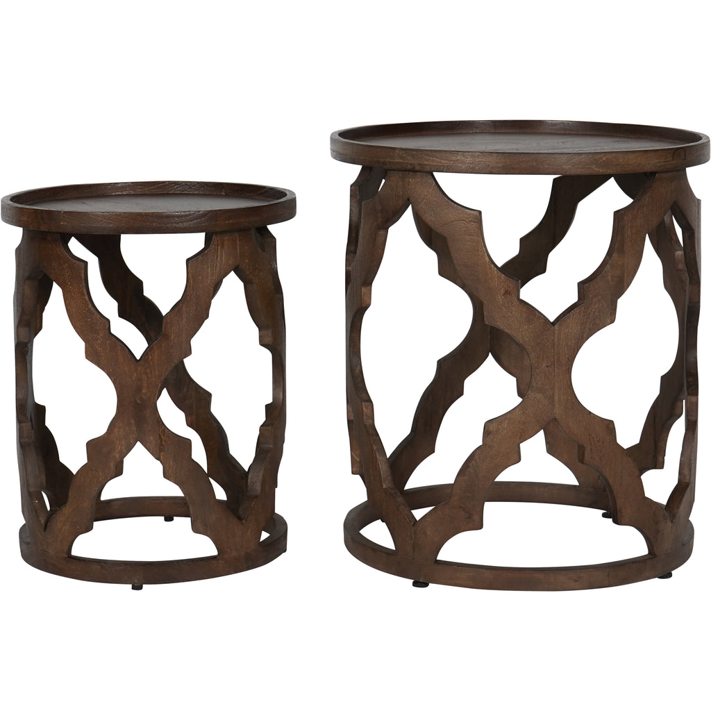 Kielder Solid Carved Wooden Set of 2 Nesting Side Tables in Dark Brown