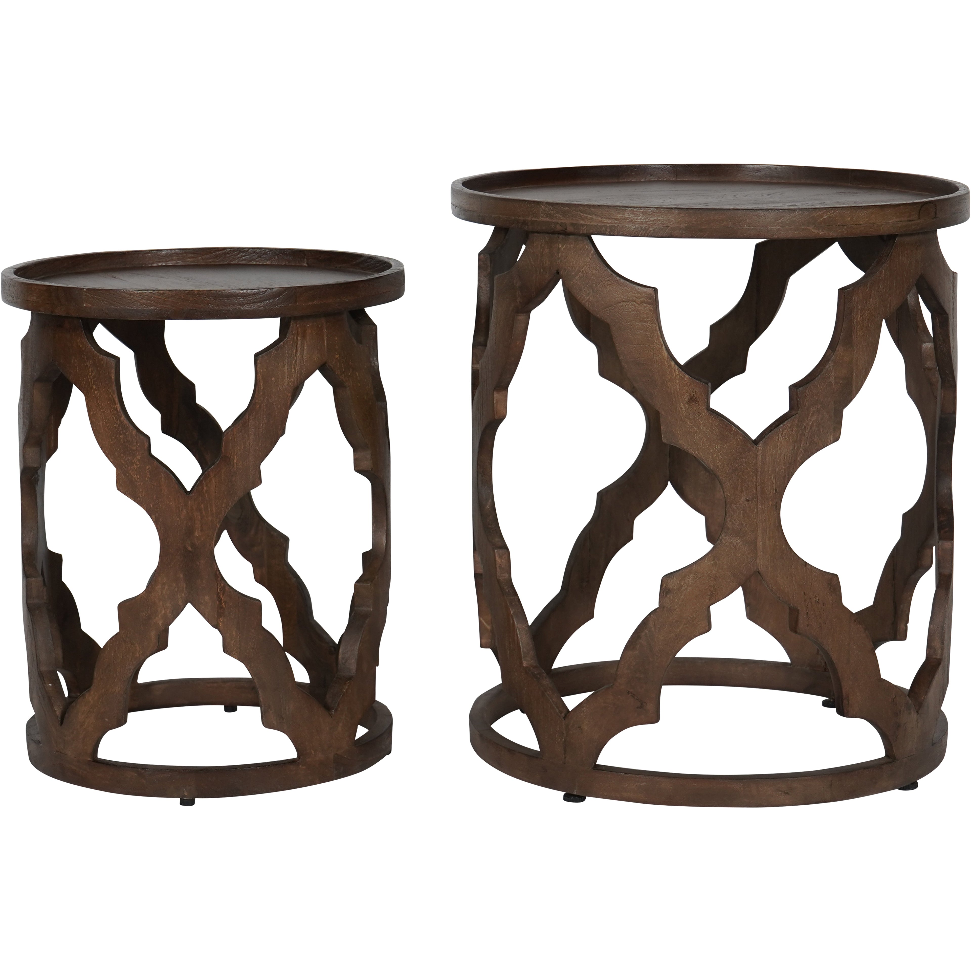 Kielder Solid Carved Wooden Set of 2 Nesting Side Tables in Dark Brown