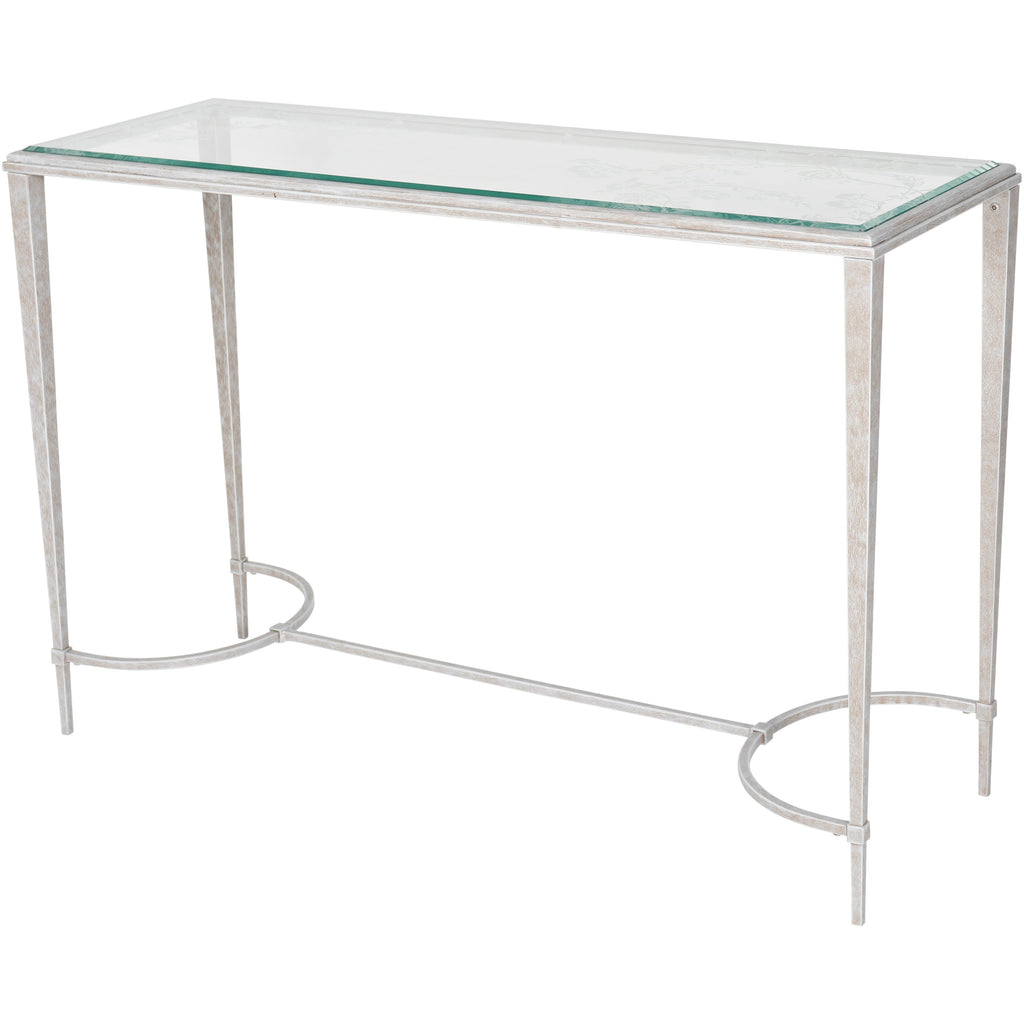 Laura Ashley Aria Etched Glass Distressed White Iron Console Table
