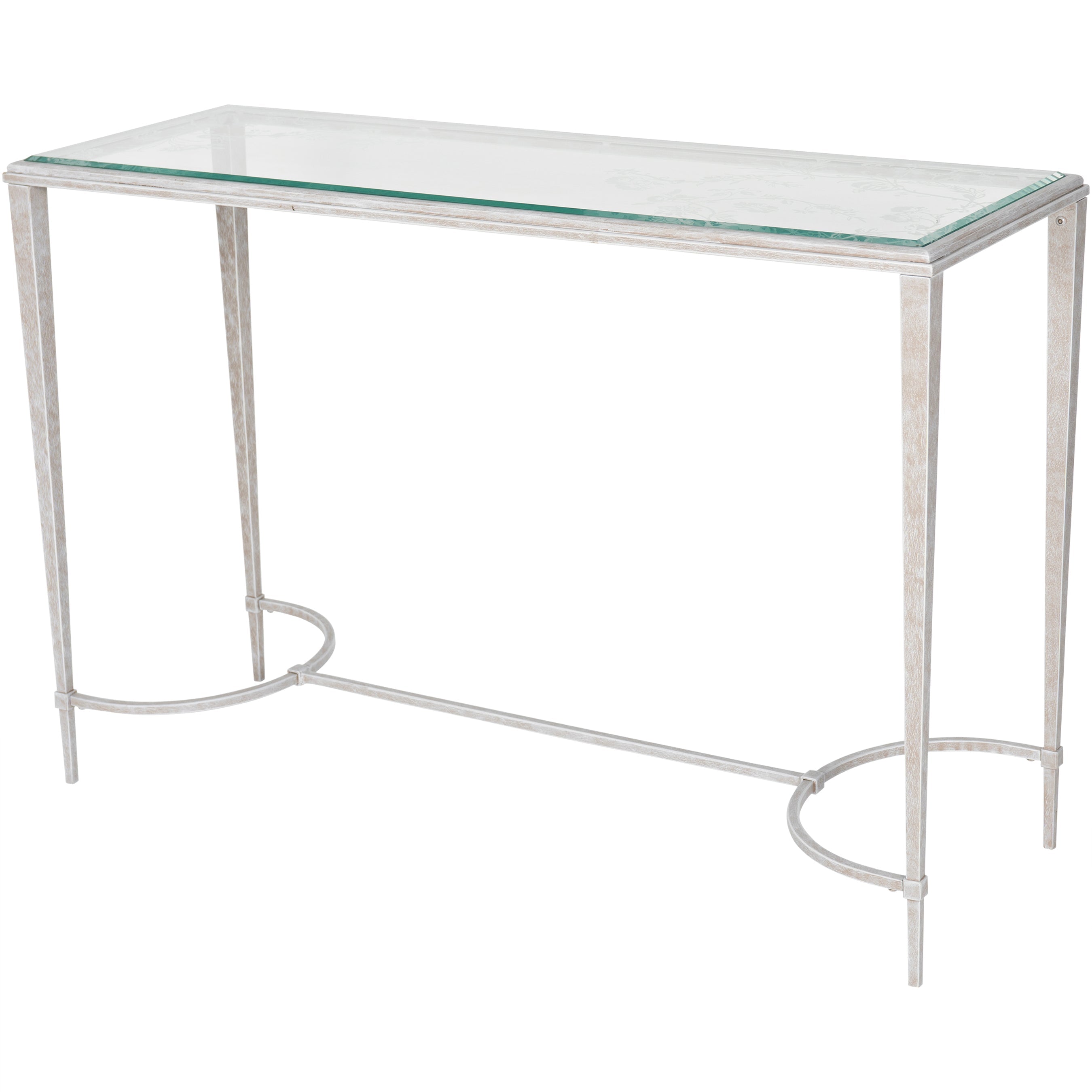 Laura Ashley Aria Etched Glass Distressed White Iron Console Table