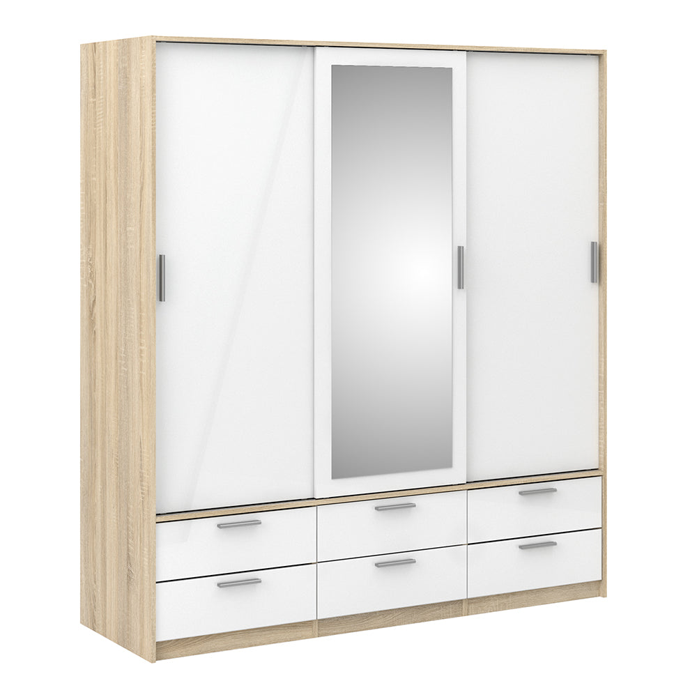 Line Wardrobe 3 Doors 6 Drawers in Oak with White High Gloss
