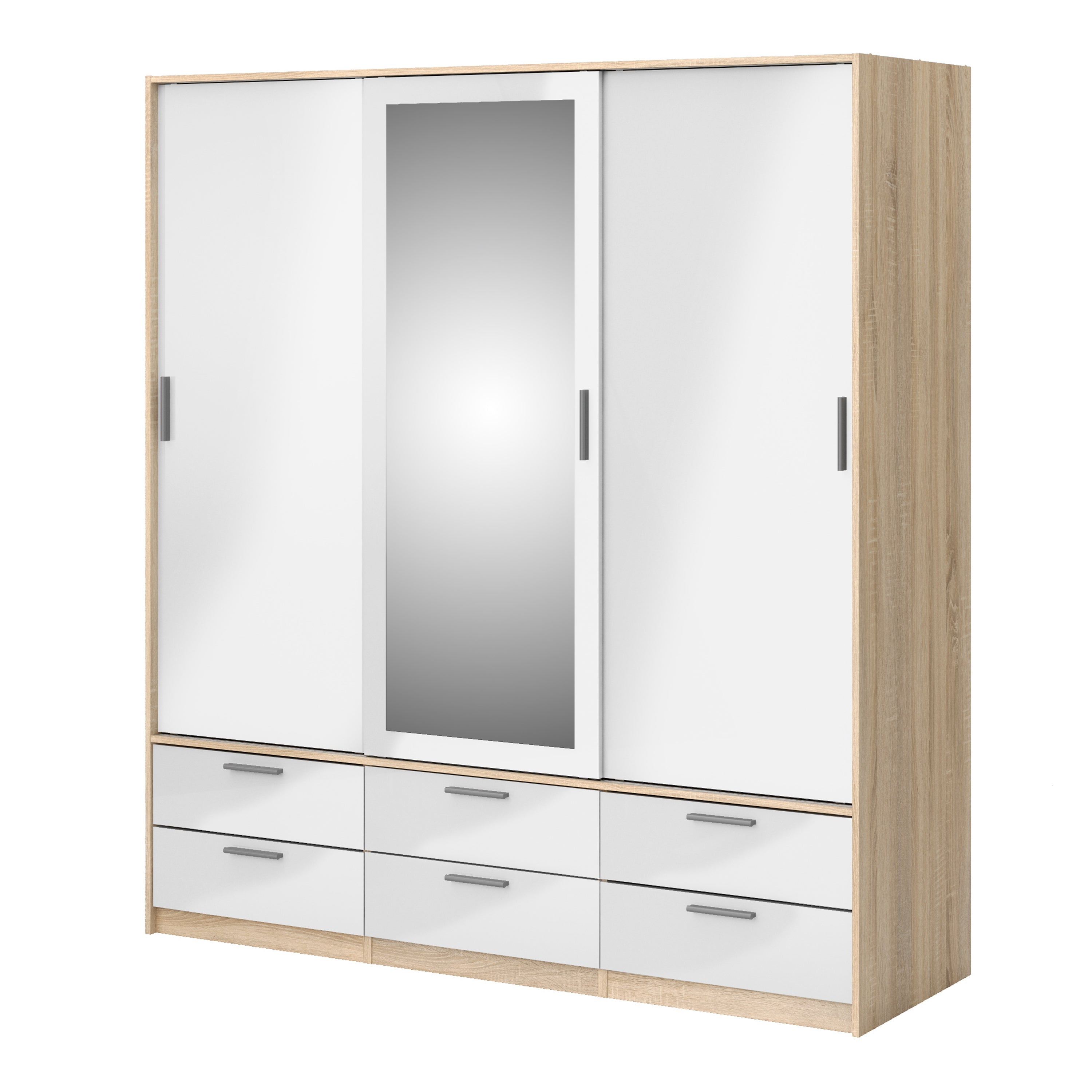 Line Wardrobe 3 Doors 6 Drawers in Oak with White High Gloss