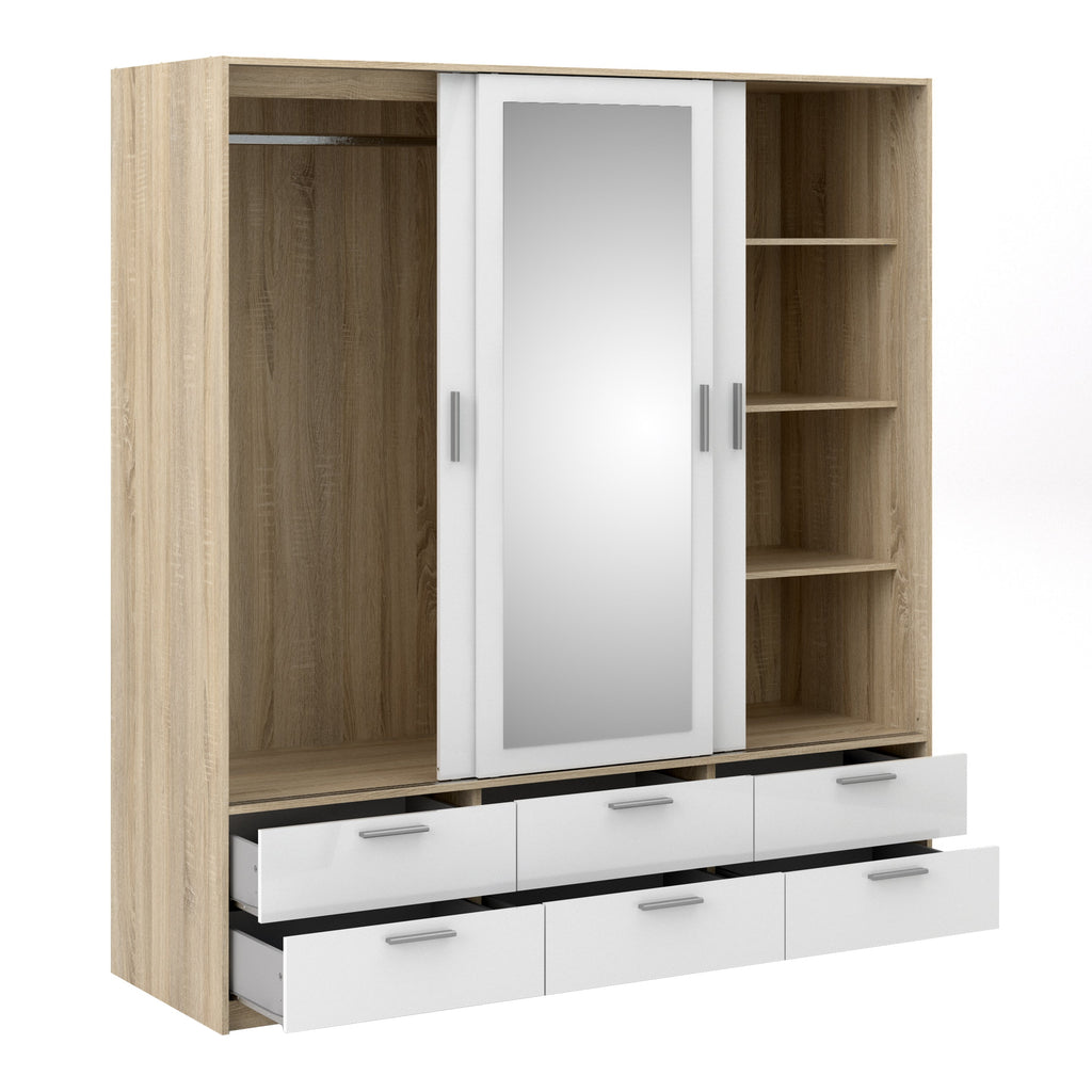 Line Wardrobe 3 Doors 6 Drawers in Oak with White High Gloss