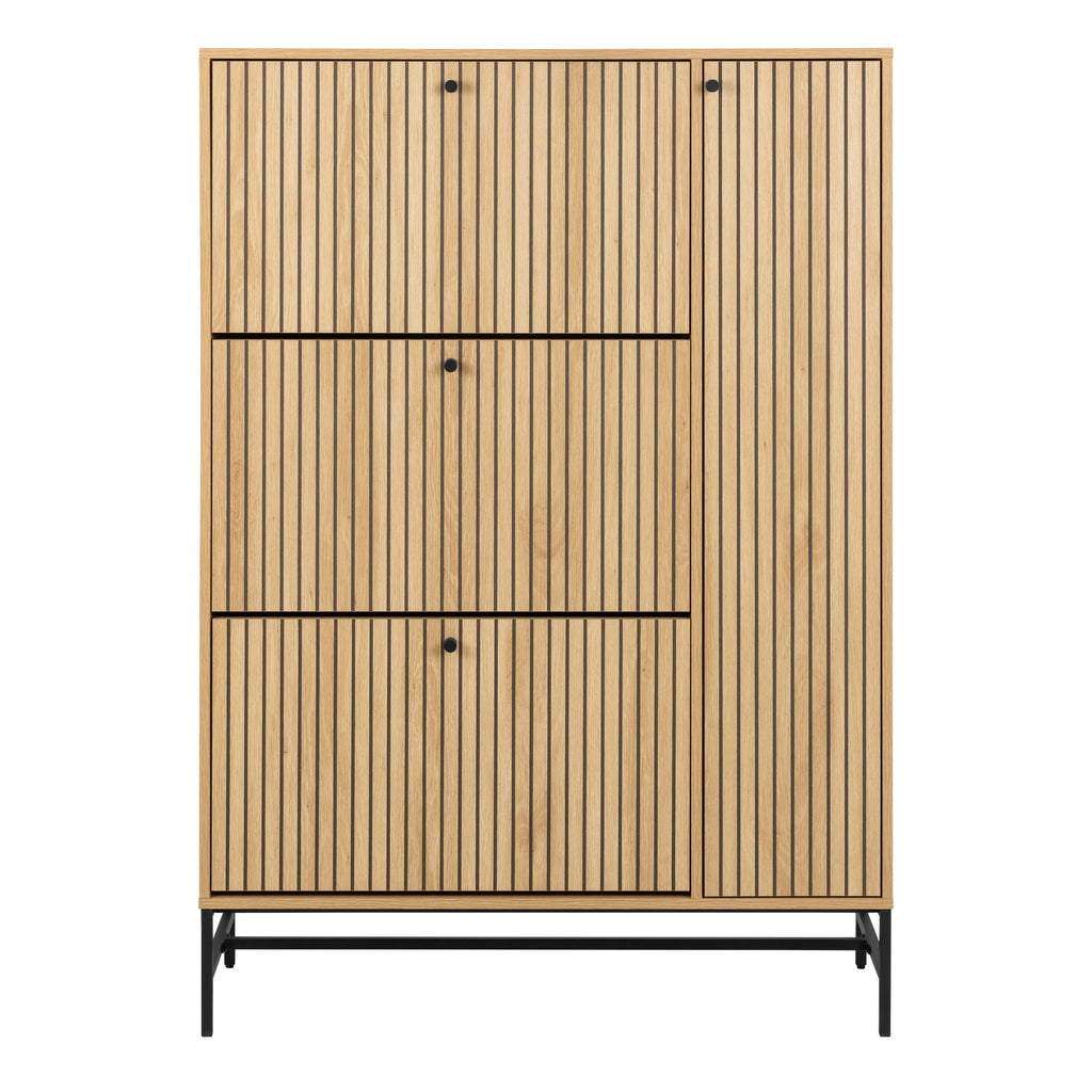 Albany Shoe Cabinet 3 Flip Down Doors 1 Pull Open Door in Oak/Black Legs