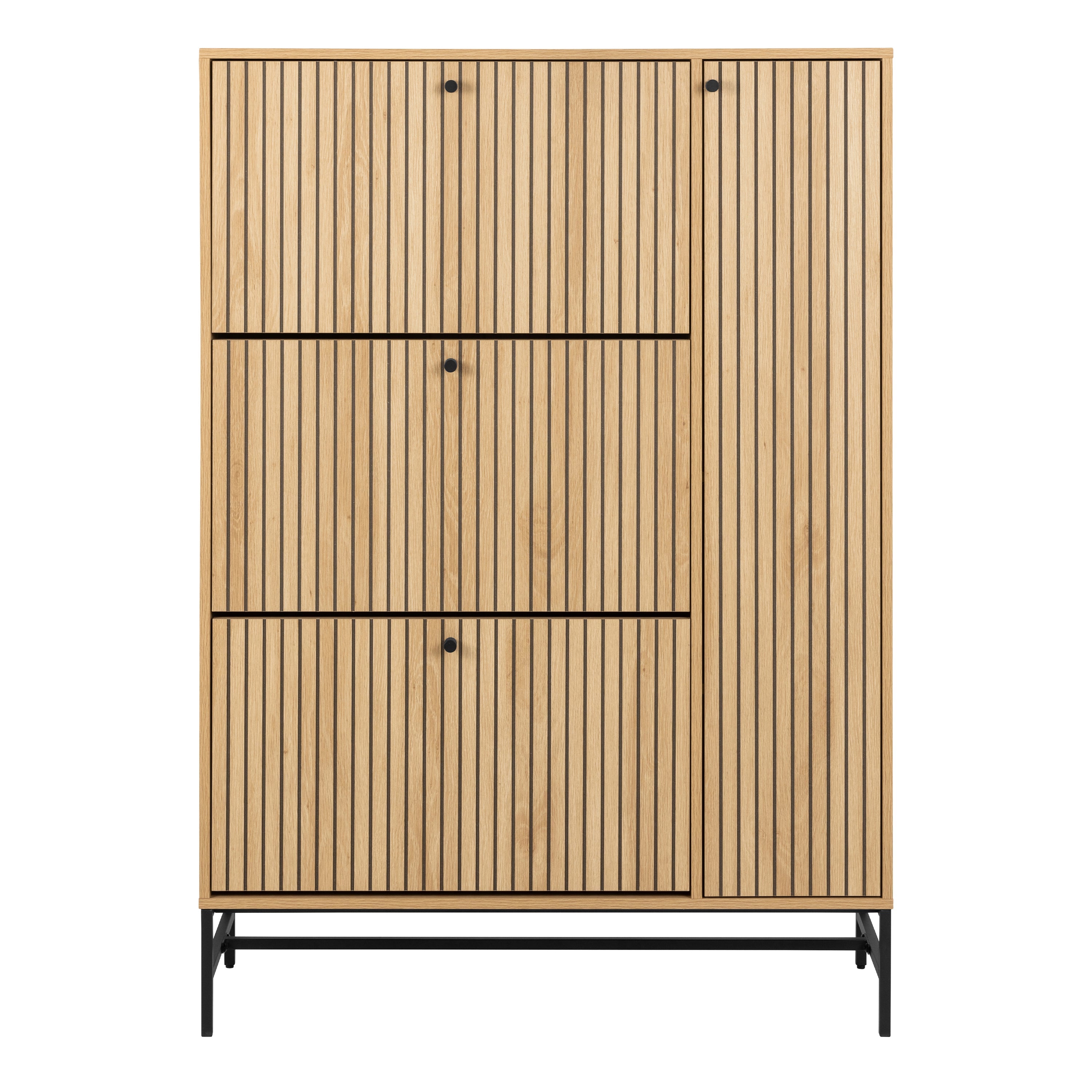 Albany Shoe Cabinet 3 Flip Down Doors 1 Pull Open Door in Oak/Black Legs