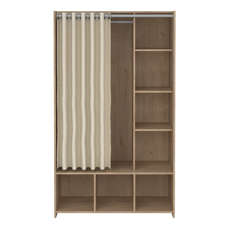 Uppsala Open Wardrobe Unit in Jackson Hickory Oak with a Beige Textile Curtain