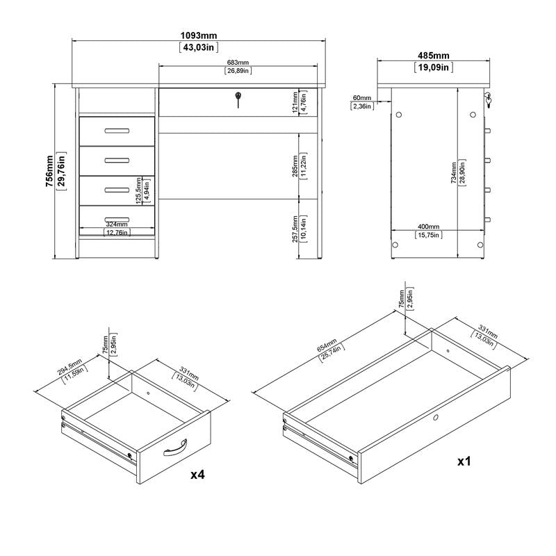 Function Plus Desk 5 Drawers in White