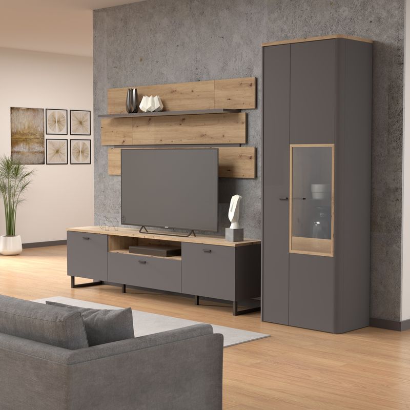 Klara TV Unit with 2 Drawers 1 Flip Door in Grey and Oak inc LED Lighting